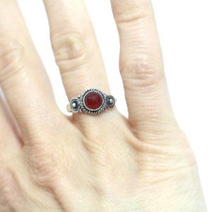 Silver Natural Carnelian Indie Roped Halo Health Luck Royalty Ring Size 5